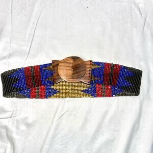 Beaded Belt Blue Yellow Red Handmade Wooden Buckle Vintage VTG Tribal